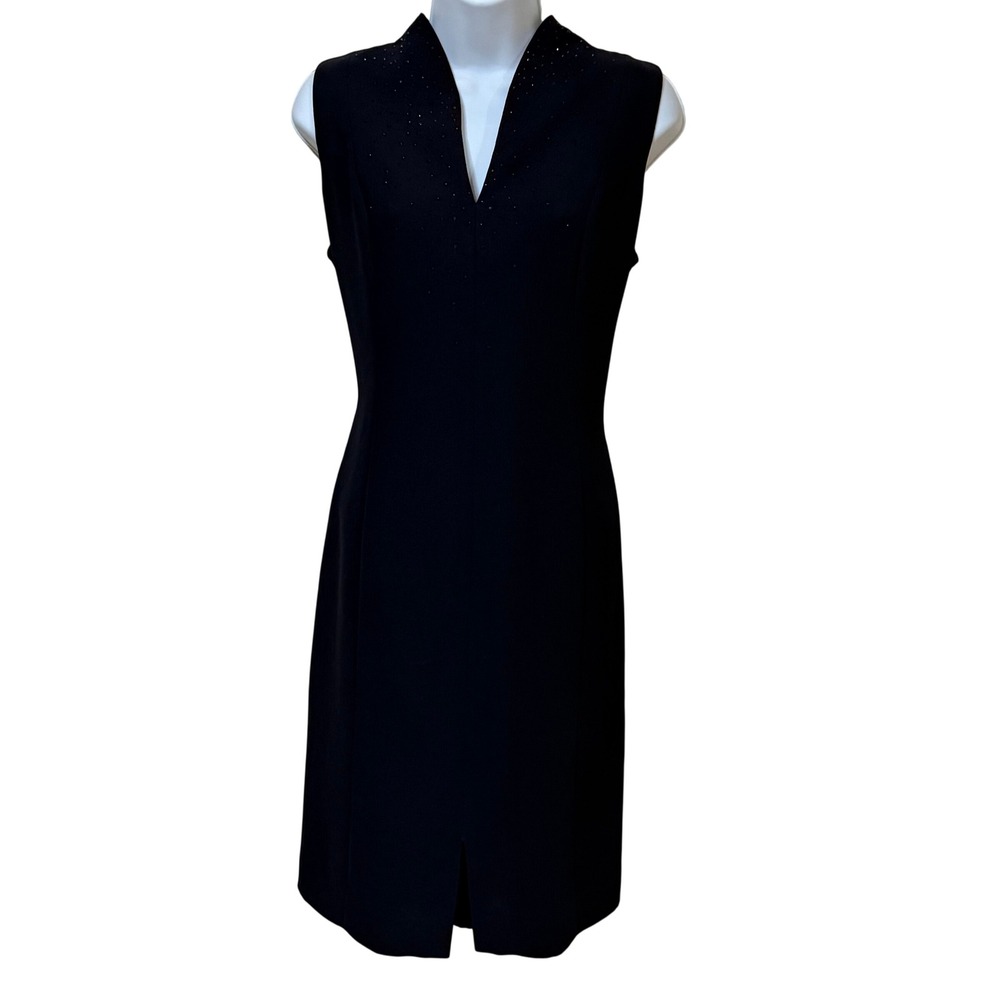 Jones New York Dress Womens 8 Black Beaded V-Neck Sleeveless Sheath Dress Slit